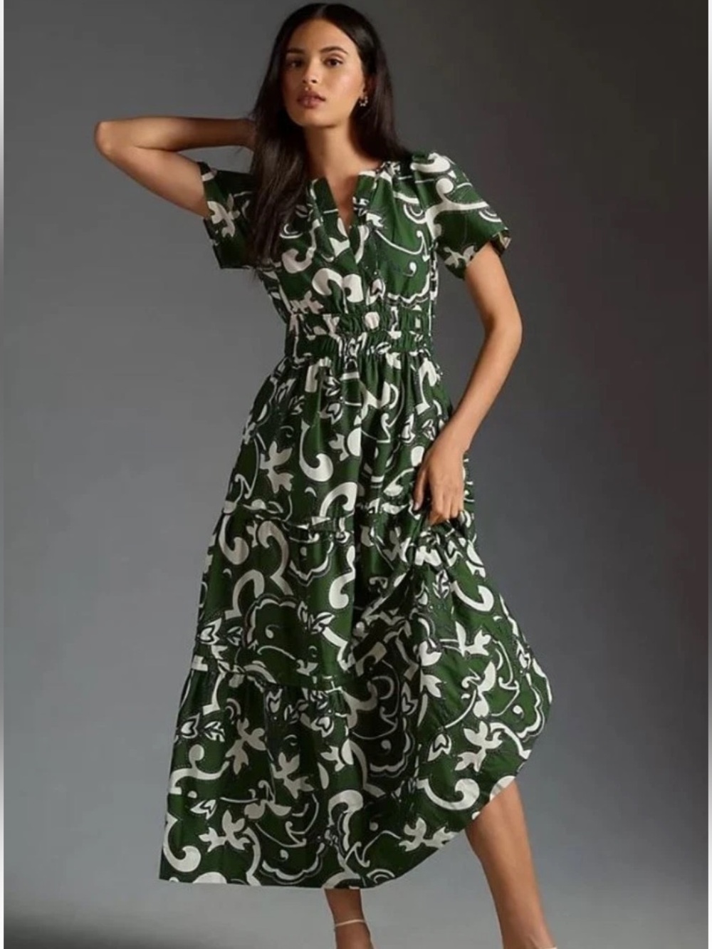 Anthropologie Green and White Printed Maxi Dress